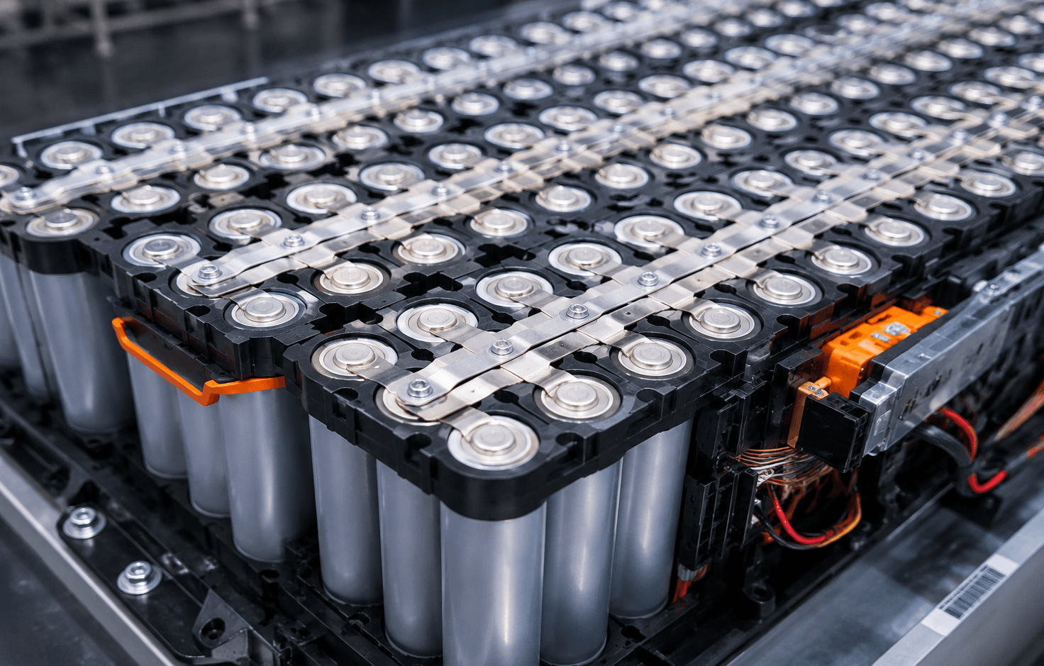 Cylindrical lithium-ion battery cells assembled in an EV battery pack with nickel strip bus bars and orange connectors