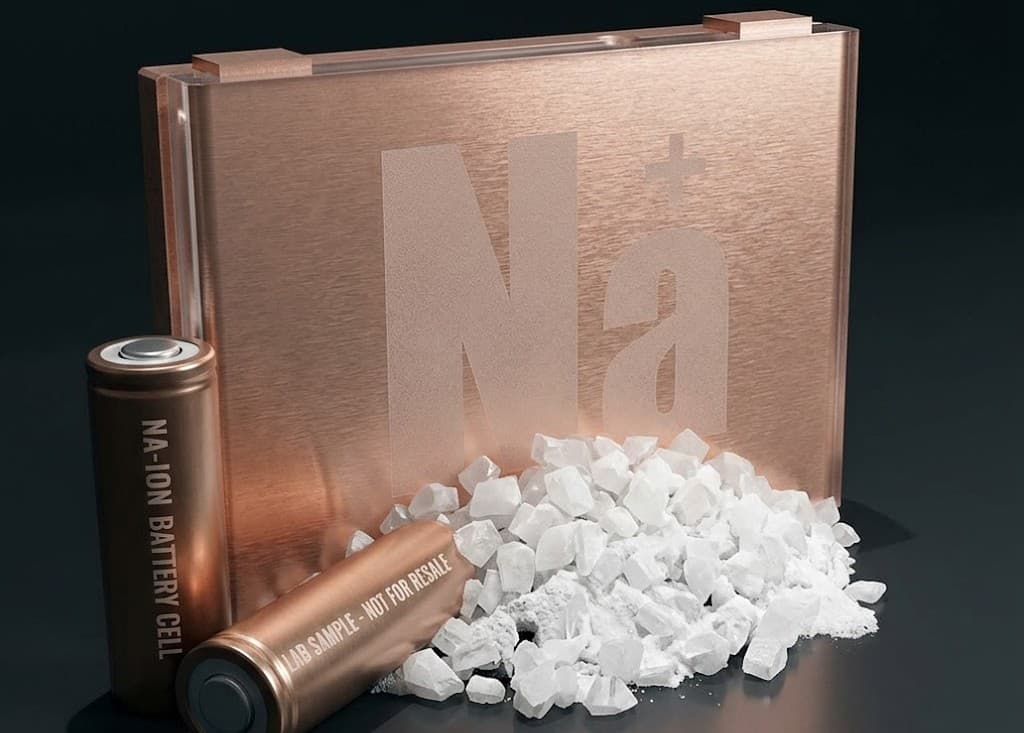 Sodium-ion cylindrical cells and a large prismatic Na battery pack alongside sodium carbonate crystals